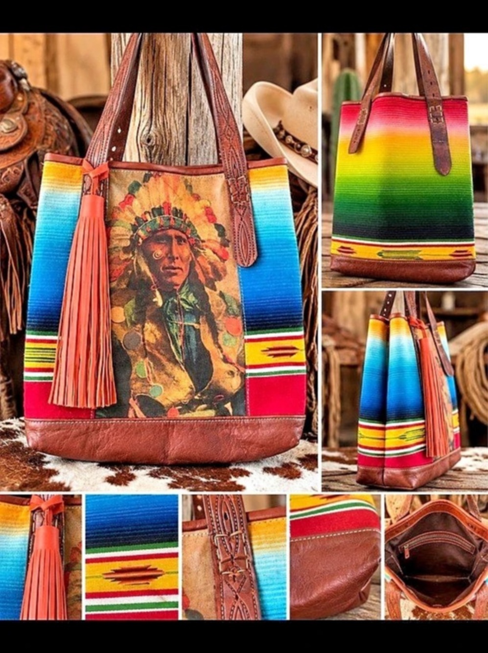 Totem Salvaged Striped Serape Multicolor & Brown Tote